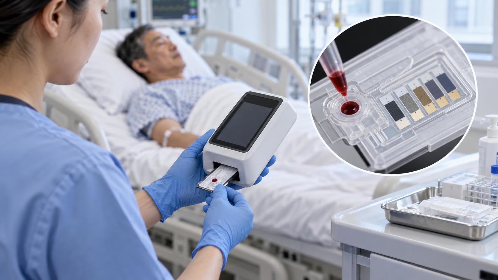 概念図：病床のそばで手持ちの血液分析機を使う場面と、使い捨てセンサーカードの拡大図