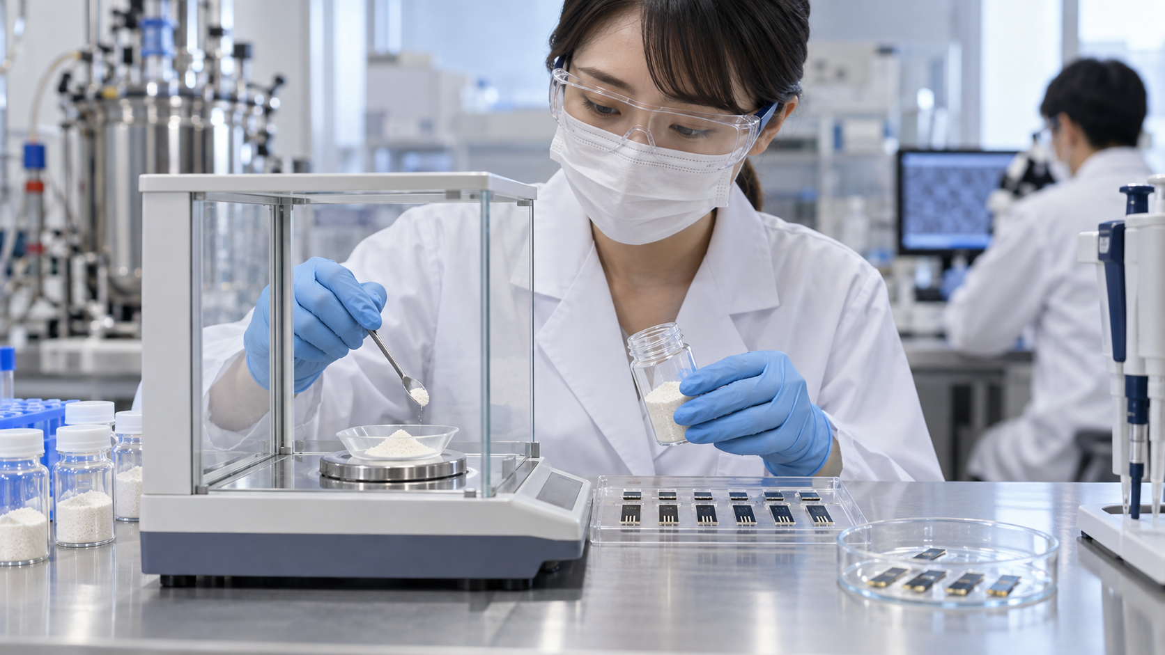 概念図:診断用酵素の粉末を量り、血糖センサー用の電極チップへ載せる素材づくりの場面